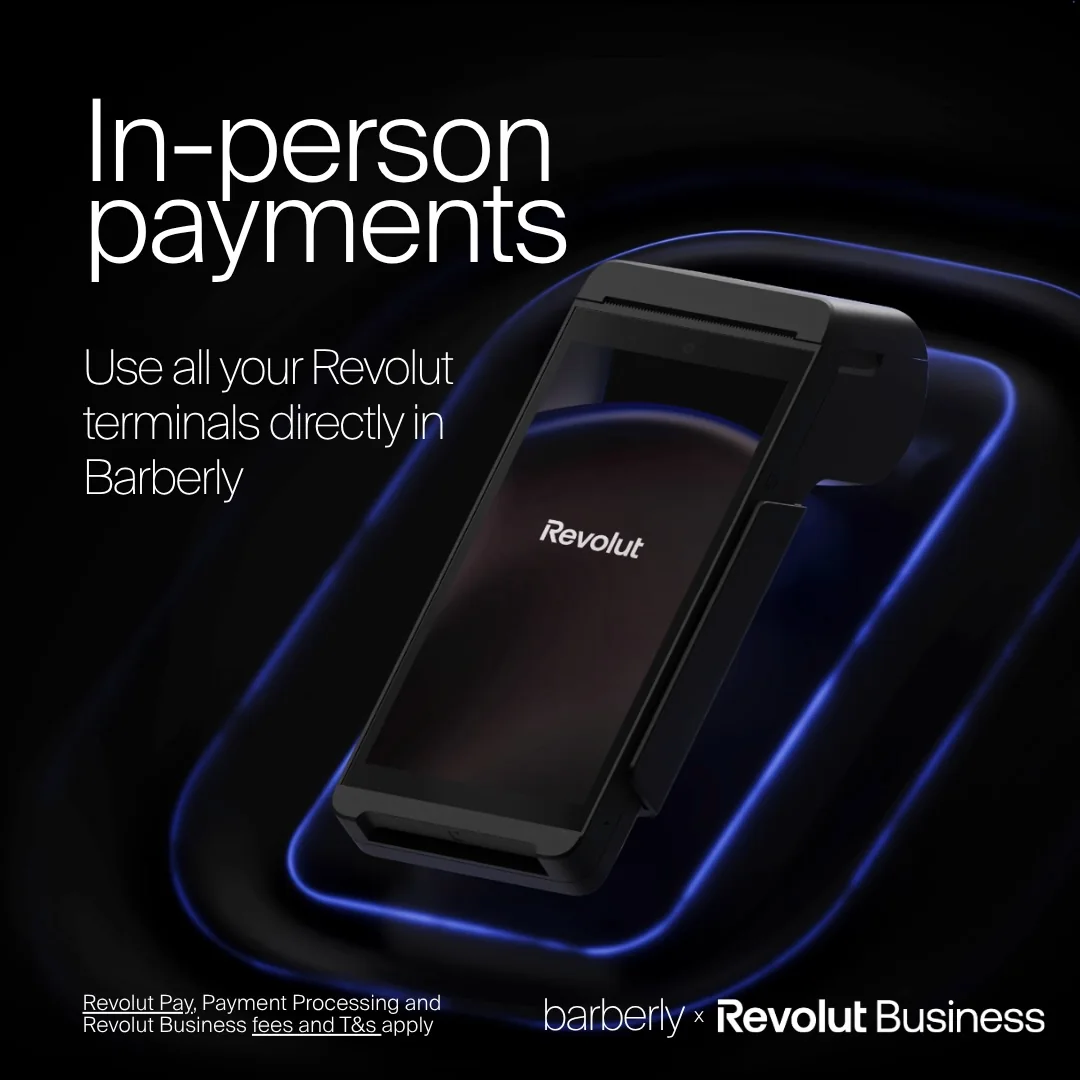 Terminal de card Revolut folosit cu software-ul Barberly pentru frizerie